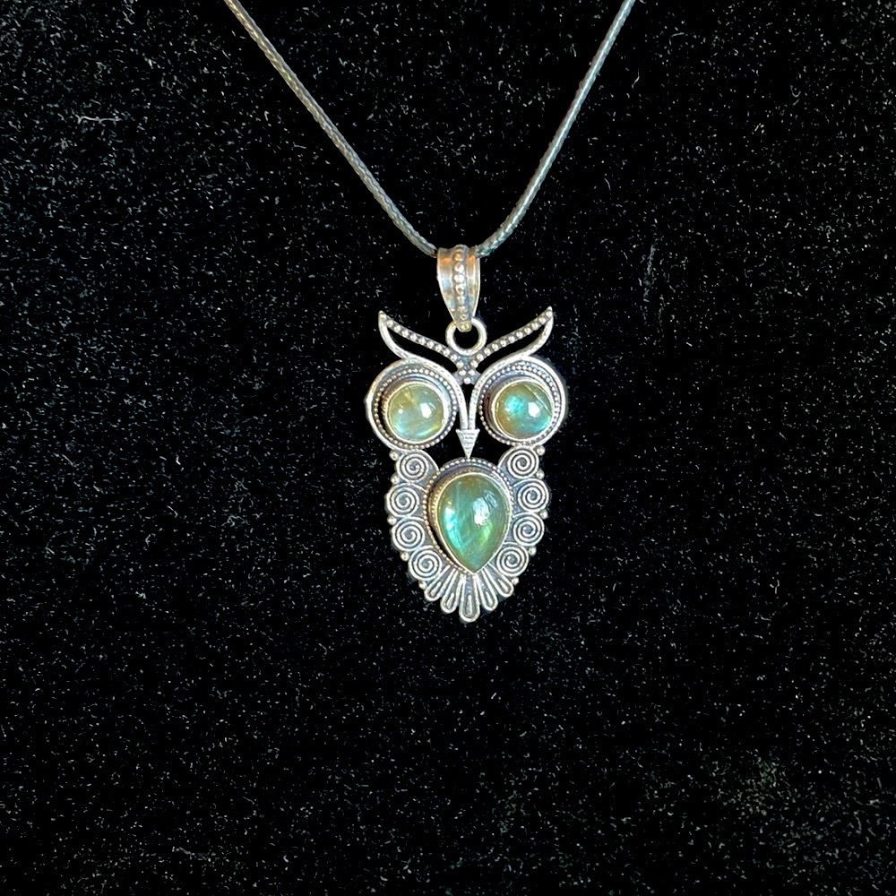 Labradorite owl pendant, 2”, sterling silver